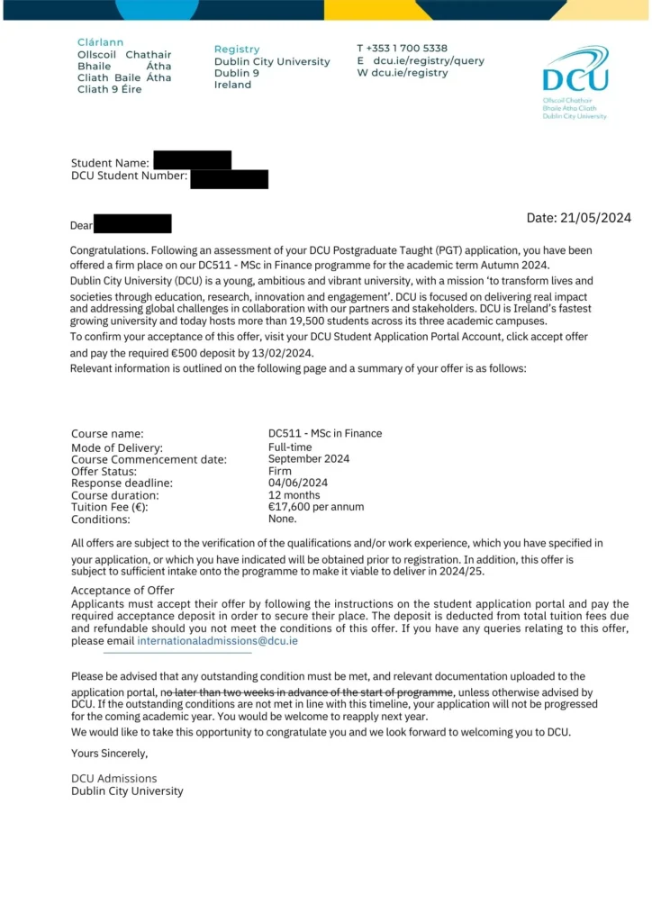 Dublin city university offer letter